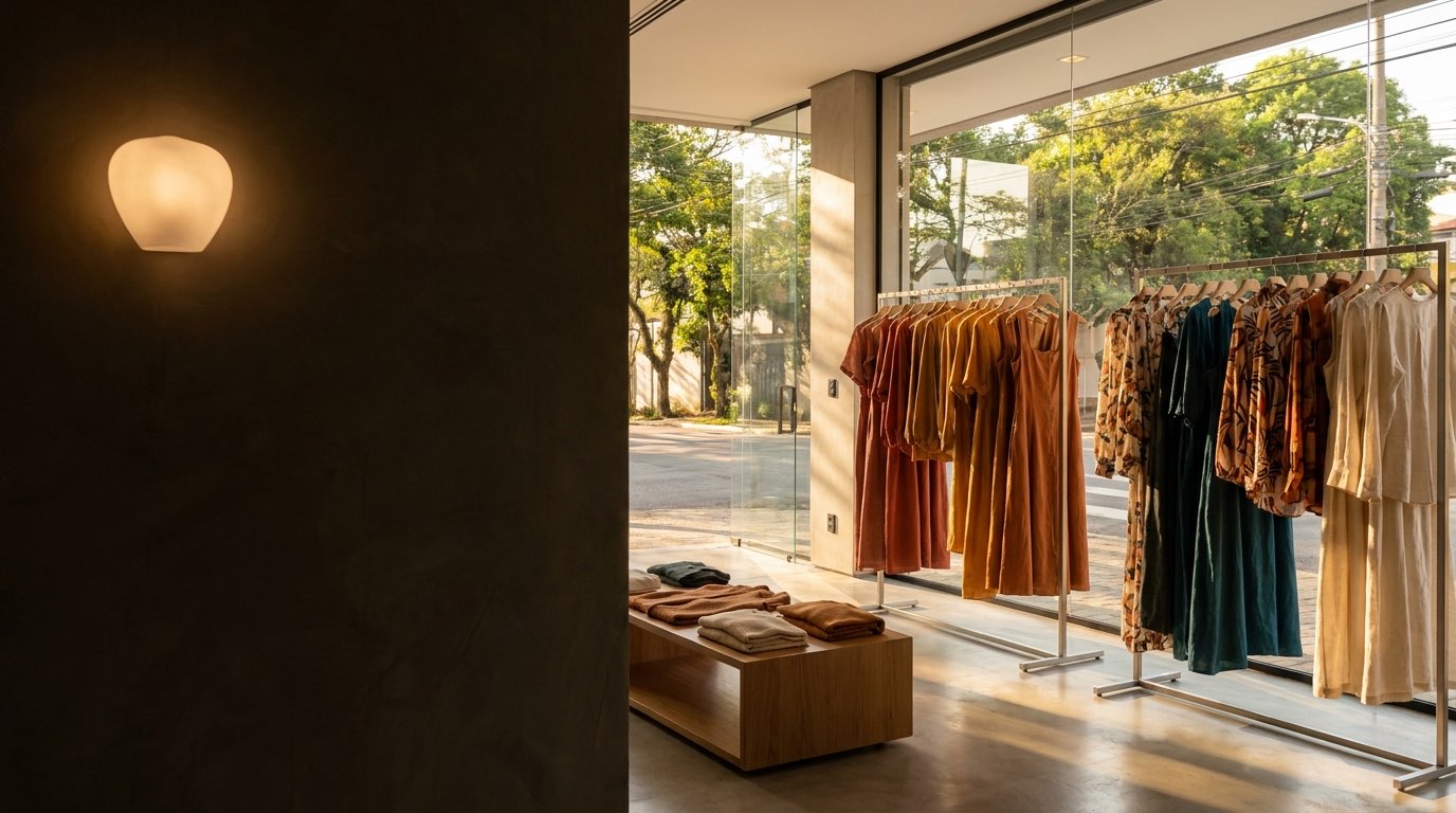 Interior de uma boutique de moda feminina com araras de roupas organizadas por coleção